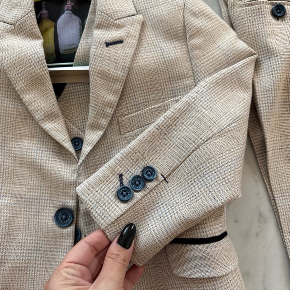 Single-breasted Checked 3 Piece Suit 3Y Light Beige Navy Blue Vest Trousers - Picture 7 of 16